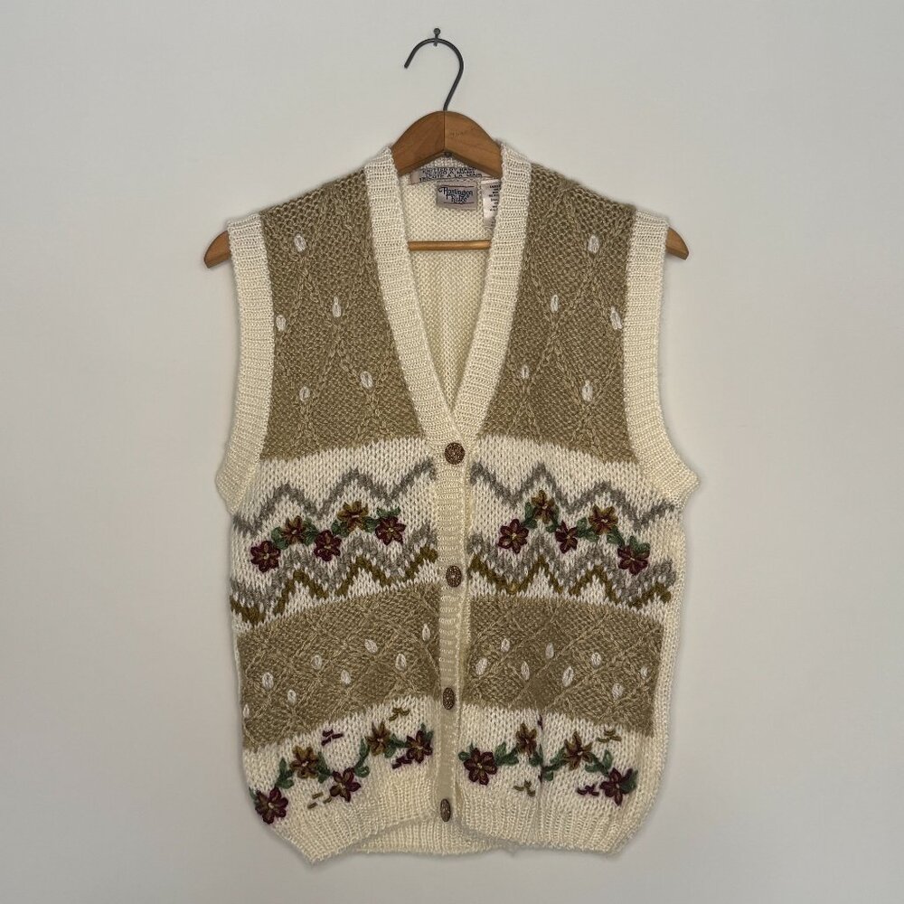 Vtg 90s Huntington Ridge cottagecore hand knit cream floral sweater vest / sz S
